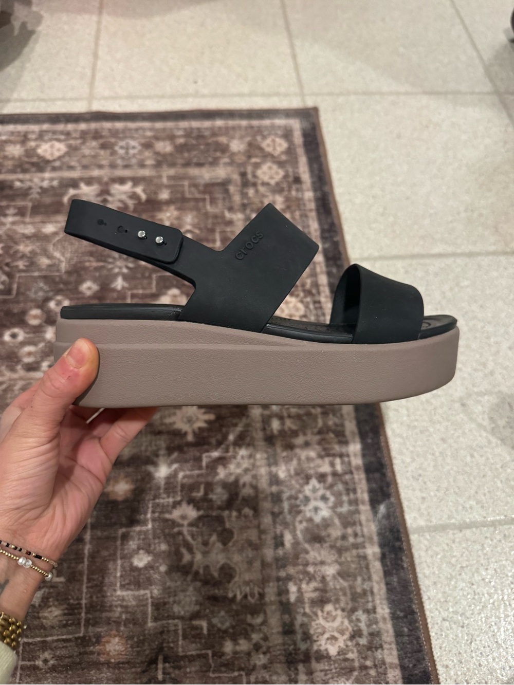 CROCS Black Strap Platform Sandal with Taupe Sole